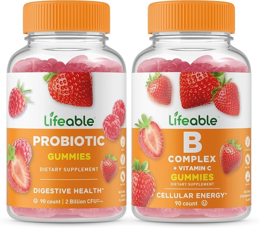 [BRSROFL2BYPRYALX] Lifeable Probiotic 2 Billion CFU + B Complex, Gummies Bundle - Great Tasting, Vitamin Supplement, Gluten Free, GMO Free, Chewable Gummy