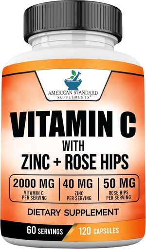 [BRSWYZAEBUCAGD33] Amerikai Standard kiegészítők C-vitamin 2000mg, Cink 40 mg, és Rose HIPS 50mg Per Serving, Vegan, Gluten Free, Non-GMO (120 gróf)