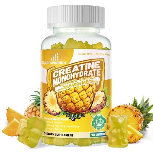 [BRSRAGQQAENQAELP] Creatine Monohydrate Gummies Complex for Men & Women -Advanced Formula W/L-Taurine + Vitamin B12, Sugar Free Chewable Supplement,90 Pineapple Gummies