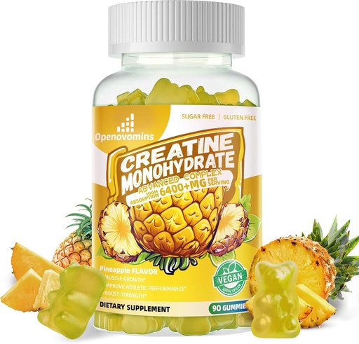 [BRSRAGQQAENQAELP] Creatine Monohydrate Gummies Complex for Men " Women - Advanced Formula W/L-Taurine + Vitamin B12, Sugar Free Chewable supplement,90 Pineapple Gummies