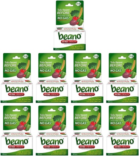 [BRSROZIKCUFBG2D4] Beano Extra Strength, Digestive Enzyme Supplement, Prevents Gas, Bloating and Discomfort (Packaging May Vary) 30 Greve Hver (pakke med 9)