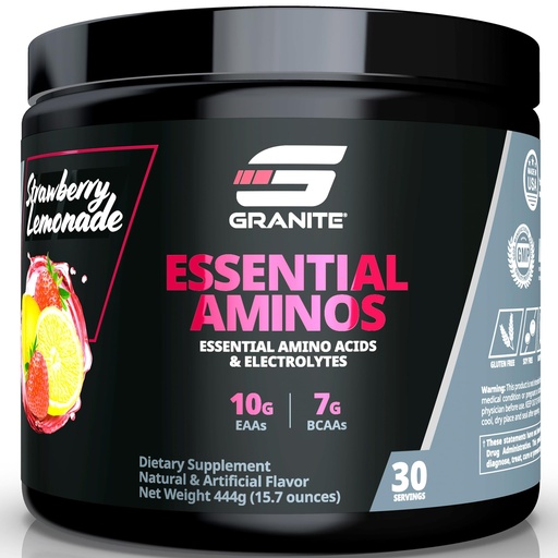 [BRSWGYACOUAQMDTH] Granite Essential Amino Acids Powder for Muscle Recovery and Growth with 10g EAAs and 7g BCAAs - Soy-Free, Gluten-Free, 448g (30 Servings), Strawberry Lemonade