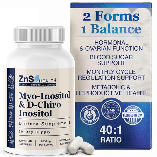 [BRSRAGL6OECA22DP] ZnS Myo-Inositol & D-Chiro Inositol Supplement for Women - Inositol Supplement for Women for Hormone Balance & Ovarian Support - Ideal 40:1 Ratio Myoinositol Vitamins for Daily Wellness - 30-Day Caps