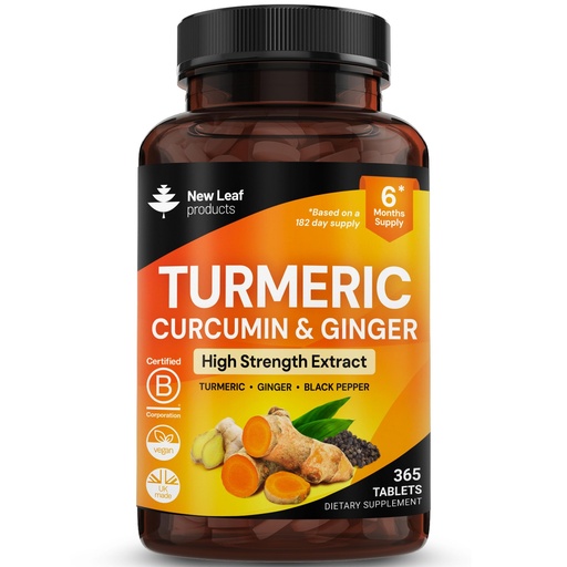 [BRSW2CAZBMOWMCQ3] Turmeric Tablets - High Strength Extract with Black Pepper & Ginger (365 Tablets) Active 95% Turmeric Curcumin Supplements, Vegan, GMP, GMO Free Gluten Free, UK Made by New Leaf