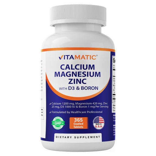 [BRSROCQZA4PQMELZ] Vitamatic Calcium Magnesium Zinc D3 Boron | 365 Coated Tablets Supplement | Calcium 1200 mg, Magnesium 420mg, Zinc 25mg, Vitamin D3 1000 IU, Boron 1 mg | Non-GMO | Gluten Free | Made in USA