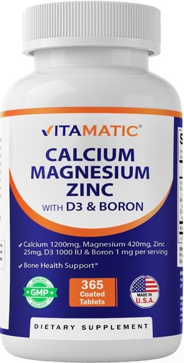 [BRSROCQZA4PQMELZ] Vitamatic Calcium Magnesium Zinc D3 Boron ← 365 Coated Tablets Suplemento Silencio Calcium 1200 mg, Magnesium 420mg, Zinc 25mg, Vitamin D3 1000 IU, Boron 1 mg ← No GMO Silencio Gluten Free Silencio Made in USA