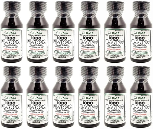 [BRSWGH3RDJ7GEDL2] Germa White Iodine Tincture. First Aid Antiseptic. for Minor Scrapes, Cuts, Bruises and Burns. Prevents Skin Infection. 1 oz. Pack of 12