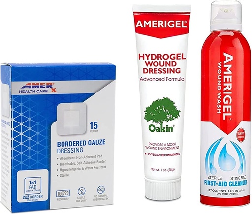 [BRSROYD2AEPAIFD2] AMERIGEL Total First Aid Bundle - 1 oz. Hydrogel Wound Dressing, 7.1 oz. Saline Wound Wash, 2x2 Bordered Gauze Dressing