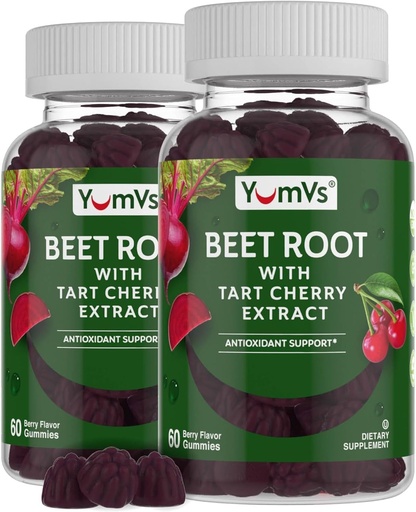 [BRSROBQNOFYAMEL3] YUM-V'S Beet Root Gummies with Tart Cherry Extract - Berry Flavor Beetroot Gummies - Beet Chews for Blood Circulation and Antioxidant Support - Red Beets Gummies Berry 60 Count (Pack of 2)