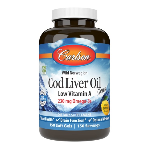 [BRSWGAT7DINQ22TU] Carlson - Cod Liver Oil Gems, Low Vitamin A, 230 mg Omega-3s, Norwegian, Wild Caught, Sustainably Sourced, 150 Softgels