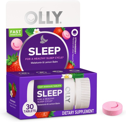 [BRSRMHAZOQMQGCLP] OLLY Sleep Fast Dissolves, 3mg Melatonin, Lemon Balm, Strawberry Flavor, 30 Day Supply - 30 Count