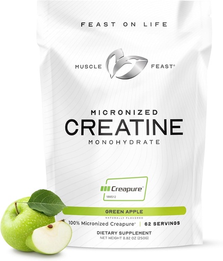 [BRSRAGIFCQHA2DTH] Muscle Feast Creapure - Micronized Creatine Monohydrate Powder ← Premium Pre-Workout o Post-Workout ← Creatina Flavored para Mujeres y Hombres Silencio fácil de mezclar, libre de gluten, seguro y puro (Gran Apple, 250g)