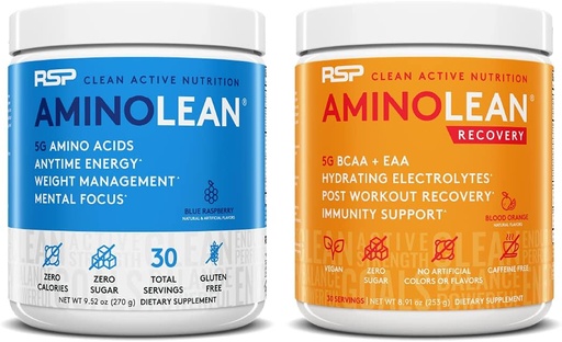 [BRSW2EANBMFRECDA] RSP NUTRITION AminoLean Pre Workout Energy (Blue Raspberry 30 Serve) con AminoLean Recovery Post Workout Boost (Blood Orange 30 Servings)