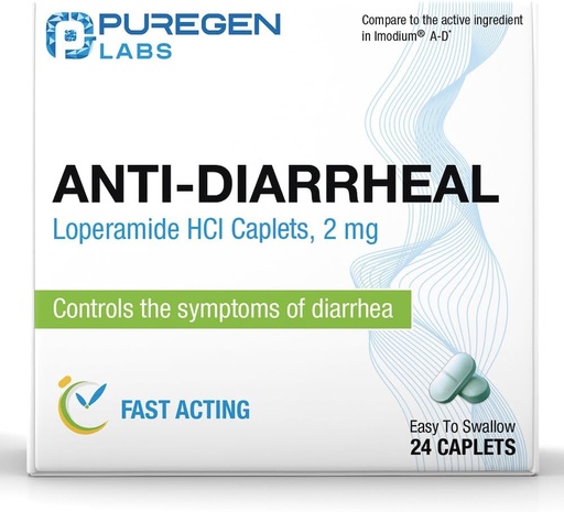 [BRSRA232OEJROFAU] Puregen Labs Anti-Diarrheal Caplets - 24 Count - 2 mg Loperamide Hydrochloride - Easy-to-Swallow Anti-Diarrhea Pills - Diarrhea and Stomach Relief - Control Symptoms of Diarrhea