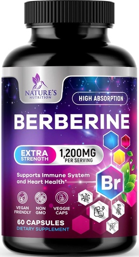 [BRSROEAHC4HWKALF] Berberine HCL 1200mg Supplement - Berberine HCI Capsules High Absorption Supplement för hjärthälsa och immunstöd, hög styrka, glutenfri, Vegan, icke-GMO piller - 60 Veggie kapslar