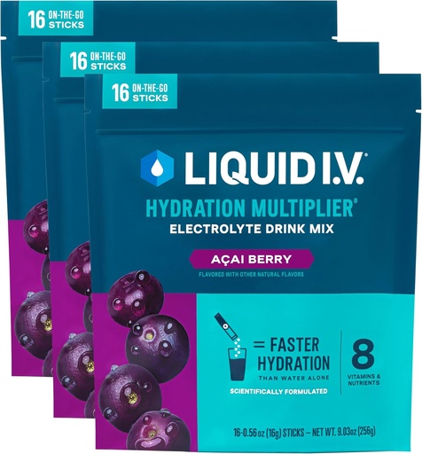 [BRSWG2YZO4NB6FDB] Liquid I.V.® Hydration Multiplier - Acai Berry | Electrolyte Powder Drink Mix | 3 Pack (48 Servings)