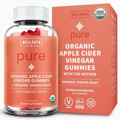 [BRSWGA34PMNQAE3P] WellPath Organic Apple Cider Vinegar Gummies with The Mother - USDA Organic ACV Gummies - Ginger & Apple Cider Vinegar with Mother for Gut Health - Vegan, Non-GMO, 60 Ct