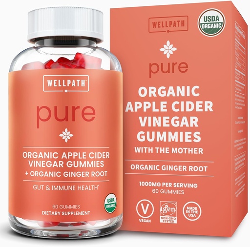 [BRSWGA34PMNQAE3P] WellPath Organic Apple Cider Vinegar Gummies with The Mother - USDA Organic ACV Gummies - Ginger & Apple Cider Vinegar with Mother for Gut Health - Vegan, Non-GMO, 60 Ct