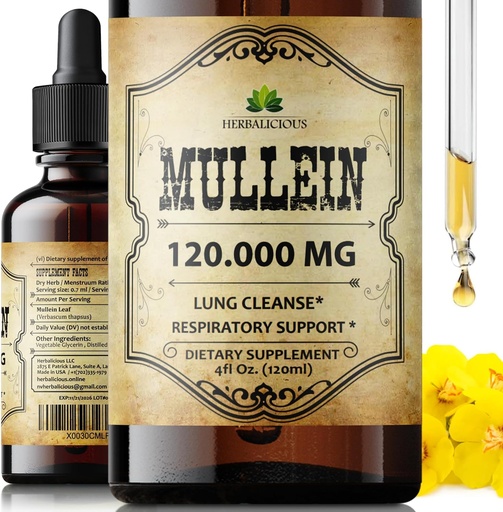 [BRSRAGIKBV5AOHTJ] HERBALICIOUS Mullein Drops for Lungs – Organic Lung Cleanse Supplement with Mullein Leaf Extract (Verbascum Thapsus) – Vegan, Non-GMO Liquid Formula – 4 Fl Oz