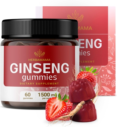 [BRSRMEIZCABBYEL6] HERBAMAMA Panax Ginseng Gummies - 1500mg Korejiešu sarkanais žeņšeņs Saknes enerģijas atbalstam - Vegan, Non-GMO Red Panax Imūnās atbalsta papildinājums - 60 Pectin-Based Strawberry-Flavored Chews