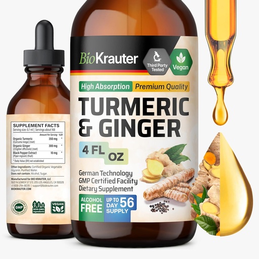 [BRSROGAYB4PWMHYZ] BIO KRAUTER® Turmeric and Ginger Supplement - Pura Vegan Liquid Turmeric " Ginger Tincture with Pepper 4 Fl.Oz 56 Days of Supply - Curcumin Drops for Joint Support, Antioxidant " Immune Support
