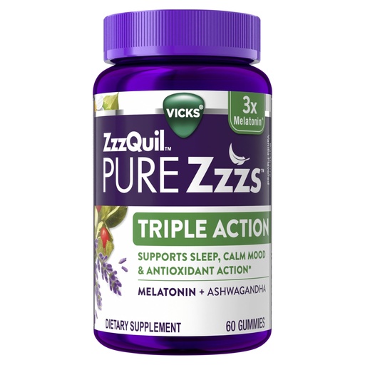 [BRSWYZACBMFQ223H] ZzzQuil PURE Zzzs Triple Action, Melatonin Gummies, Melatonin 6mg, 3X Melatonin, Sleep Aid with Ashwagandha, Calm Mood, Antioxidant Action, Sleep Aids for Adults, 60 Sleep Gummies