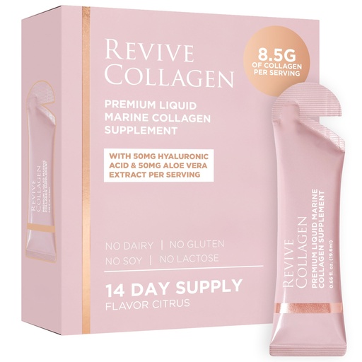 [BRSROEDYCMCGEHLU] Revive Collagen Premium — Hydrolyzed Marine Collagen Drink for Women, 8,500MG, with Hyaluronic Acid, Aloe Vera Juice, Supports Skin Wellness & Hydration, Hair & Skin, Lemon & Lime Flavour — 14 Packets