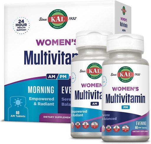 [BRSRMBQYCR5AMC36] Multivitamines pour femmes KAL AM/PM, multivitamines 2-en-1 pour femmes avec Ashwagandha, Silica, Spiruline organique et GABA pour l'énergie cellulaire, la force osseuse, le soutien immunitaire, Vegan, 30 portions, 120 comprimés