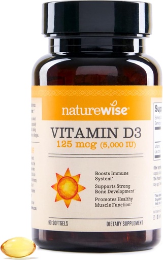 [BRSWKFD3OQGQCHD6] NatureWise Witamina D3 5000iu (125 mcg) 90- Day Supply for Immune Support, Healthy Muscle Function, and Bone Health - Non-GMO, Gluten- Free in Organic Extra Virgin Olive Oil, (Mini Softgel), 90 Count