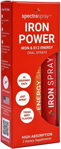 [BRSRMHTYCAGW2DY6] SpectraSpray Iron & B12 Vitamin Liquid Oral Spray Kit - Food Grade Iron as an Essential Daily Mineral and B12. Vegan, Gluten Free & Highly Effective, 30 Day Supply per Spray