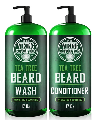 [BRSRM2QEC4GWE3LG] Viking Revolution Tea Tree Oil Beard Wash and Beard Conditioner For Men - Natural Beard Softener Set with Argan Oil, Vitamin E and Ginseng - Beard Shampoo and Conditioner Set (17 Oz)
