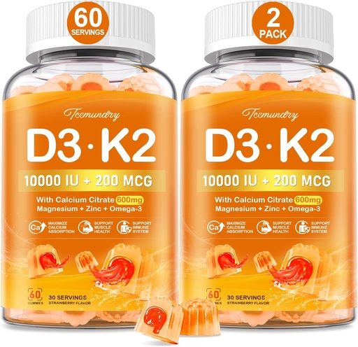 [BRSRAAT3CECWC2Y2] Vitamin D3 K2 5000IU / 10000 IU Gummies för vuxna - K2 D3 Vitamin Supplement med 600mg Calcium, K2 (MK-7) 200mcg, Magnesium, Zink, Omega-3 - Stöder Calcium Absorption och Immunhälsa