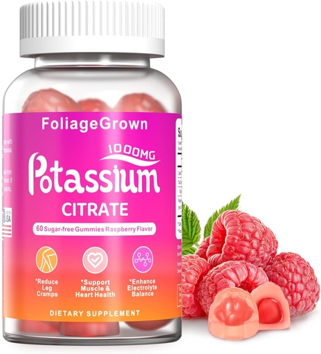 [BRSRA2YYDEGQAHIZ] Supplément de potassium Gummies 1000mg - Supplément de potassium pour les crampes des jambes, la santé musculaire et cardiaque - Supplément d'un mois (60 Nombre)