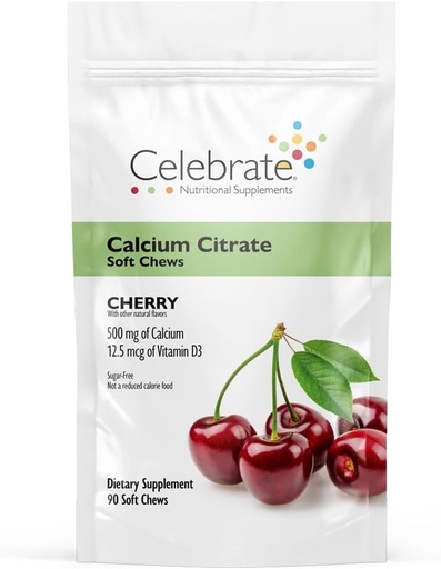 [BRSRMHD3PN5WC3TA] Celebrate Vitamins Bariatric 500mg Calcium Citrate Soft Chews with 500 IU Vitamin D3 – Essential for Gastric Bypass Patients & Bone Health - Sugar & Gluten Free, Cherry (90 Chews)