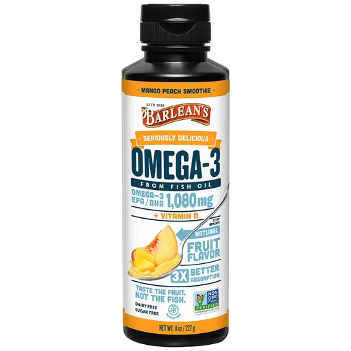 [BRSWIYIZCEABOCTA] Barlean's Omega 3 Fish Oil Liquid Supplement with Vitamin D for Men and Women, 1080mg of EPA and DHA Fatty Acid, Promotes Brain & Heart Health - Non-GMO, Mango Peach, 8 oz