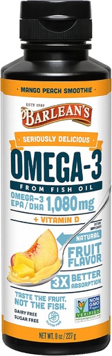 [BRSWIYIZCEABOCTA] Suplemento de aceite de peixe omega 3 de Barlean con vitamina D para homes e mulleres, pexego Mango, 1080mg EPA e ácido DHA Fatty, 8 oz