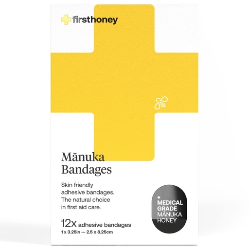 [BRSWGFLQCF6R6FA2] First Honey Manuka Honey Adhesive Bandages 12 Pack | Latex Free, Antibiotic Free Wound Dressing | Medical Grade Honey Adhesive Pads | First Aid Care Burns, Cuts, Scrapes, Wounds, Lacerations