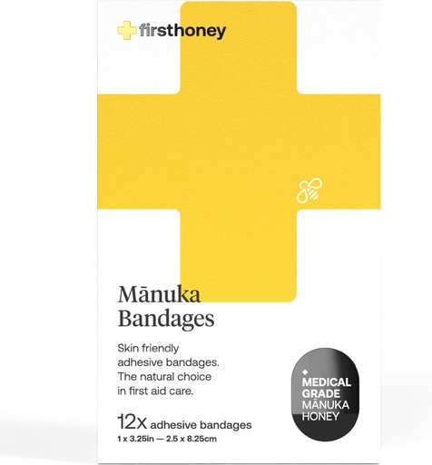 [BRSWGFLQCF6R6FA2] First Honey Manuka Honey Adhesive Bandages 12 Pack Latex ilmaiseksi, Antibiootti vapaa Haava pukeutuminen ...