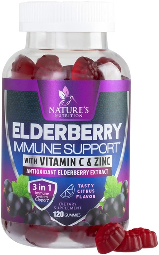 [BRSWYYIZPNYR6F3H] Elderberry Immune Support Gummies - 3X Strength Sambucus Elderberry Gummy with Vitamin C, D3 & Zinc - Nature’s Black Elderberry Extract - Immune Support Supplement for Adults & Kids - 120 Gummies