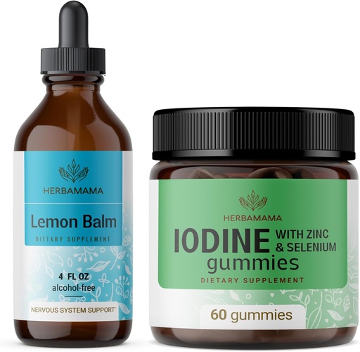 [BRSRAGLQCF5AMDQ2] HERBAMAMA Lemon Balm and Iodine Kit - Bundle of Lemon Balm Tincture 4 fl oz & Potassium Iodine Gummies - Vegan, Non-GMO, Alcohol & Gelatin-Free - 2 Pack