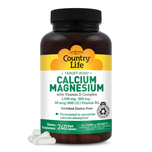 [BRSWIY3YOQJQAF3U] Country Life Target-Mins Calcium Magnesium with Vitamin D-Complex, 1000mg/500mg/10mcg, 240 Vegan Capsules, Certified Gluten Free, Certified Vegan