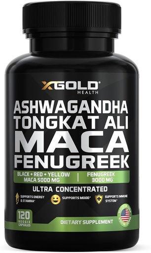 [BRSROZT5OINGY3Y7] Ashwagandha 5000mg + Tongkat Ali 1000mg + Maca Root 5000mg + Fenugreek 3000mg Supplement124; Black + Red + Gul Maca Root Extract & Fenugreek Urtetilskud til mænd og kvinder - Made in USA