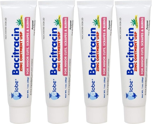 [BRSWKFQPBUFR6HDE] (4 Pack) Globe Bacitracin Zink Salbe + Aloe 1oz, antibiotische Salbe, essentielle antibiotische Erste Hilfe liefert, Heilwirkung, maximale antibiotische Kraft, verhindert Infektion in Schnitten, Schrott, Burns