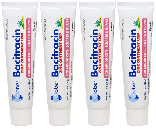 [BRSWKFQPBUFR6HDE] Globe Bacitracin Zinc Ointment with Aloe, Antibiotic Ointment, 4 Pack 1 oz | Bacitracin Zinc Formula, Aloe Vera, Minor Cuts and Scrapes Care, Sealed Tubes, First Aid Kit Supply, Easy Application