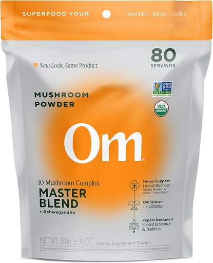 [BRSW2AQKOYFGO3I3] OM Mushrooms Master Blend Mushroom Powder – Suplemento orgánico de setas con 10 setas y Ashwagandha - Apoyo Immunity, Gut Health & Stress Relief, 6.34 oz (80 Servings)