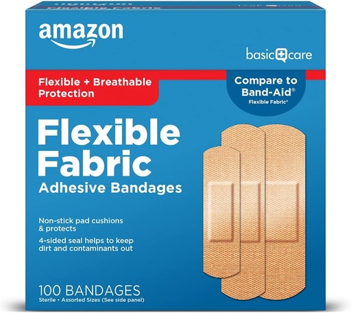 [BRSRMFIBOIIAKGQ3] Soins de base Flexible tissu Bandes adhésives, premiers soins et fournitures pour les blessures, tailles assorties, 100 comtes