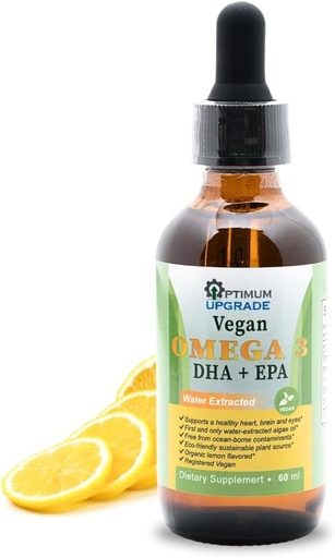 [BRSRAYA3DMDWEDL2] OU Vegan Omega 3 Drops - Lemon Flavored, Organic Water-Extracted Algae Oil with EPA, DHA & DPA - Non-GMO, Plant-Based Liquid Vitamin for Heart, Brain & Joint Health - 60 Doses