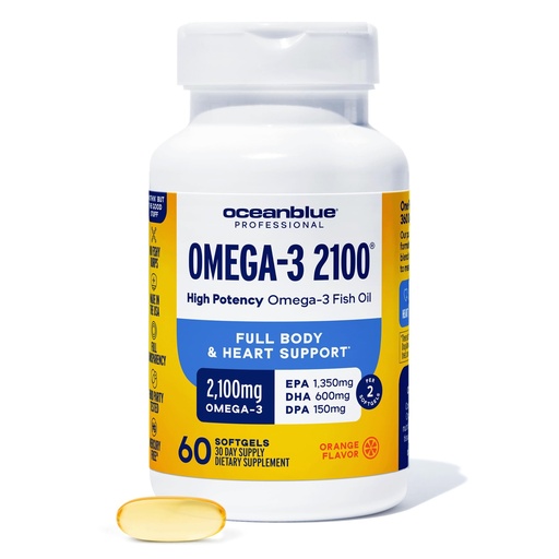 [BRSWIHY2OMOGEEQZ] Oceanblue Professional Omega-3 2100mg Fish Oil Supplement Triple Strength, High Potency EPA, DHA & DPA Burpless, Wild-Caught, Natural Orange Flavor 60 Softgels (Pack of 1)