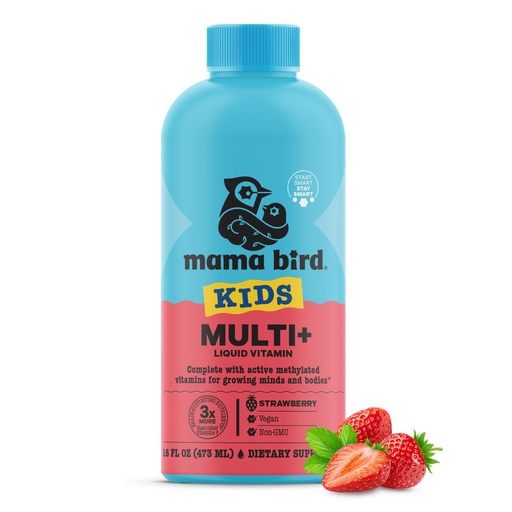 [BRSWYCA5OENGCGQ4] Mama Bird - Award-Winning Kids Multi+ Liquid Vitamins (31 Servings) Strawberry - Active Methylated Vitamins, Kids Multivitamin - Organic Superfoods, Enzymes - Vegan, Gluten Free, Non GMO - 16 fl oz