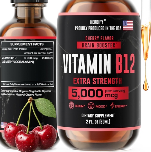 [BRSRAFD3DN5A4CLK] HERBIFY Vitamin B12 Methylated Multivitamin Energy Supplements for Women & Men - Liquid B12 Vitamins 5000 Mcg Methylcobalamin - Energy Support and Immune Health Liquid Vitamin 2 Oz